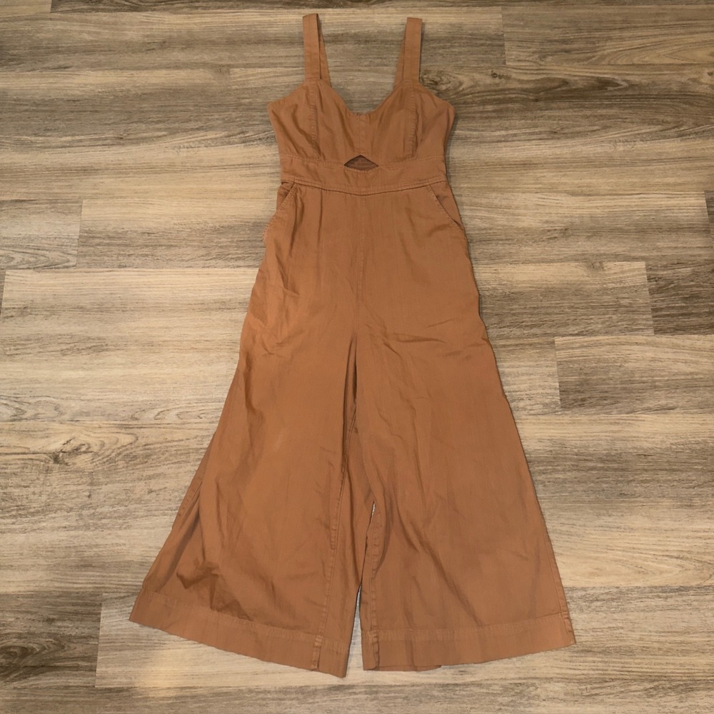 Aerie Womens Brown Cotton Cutout Wide Leg Jumpsuit Size M Smocked Back Pocket